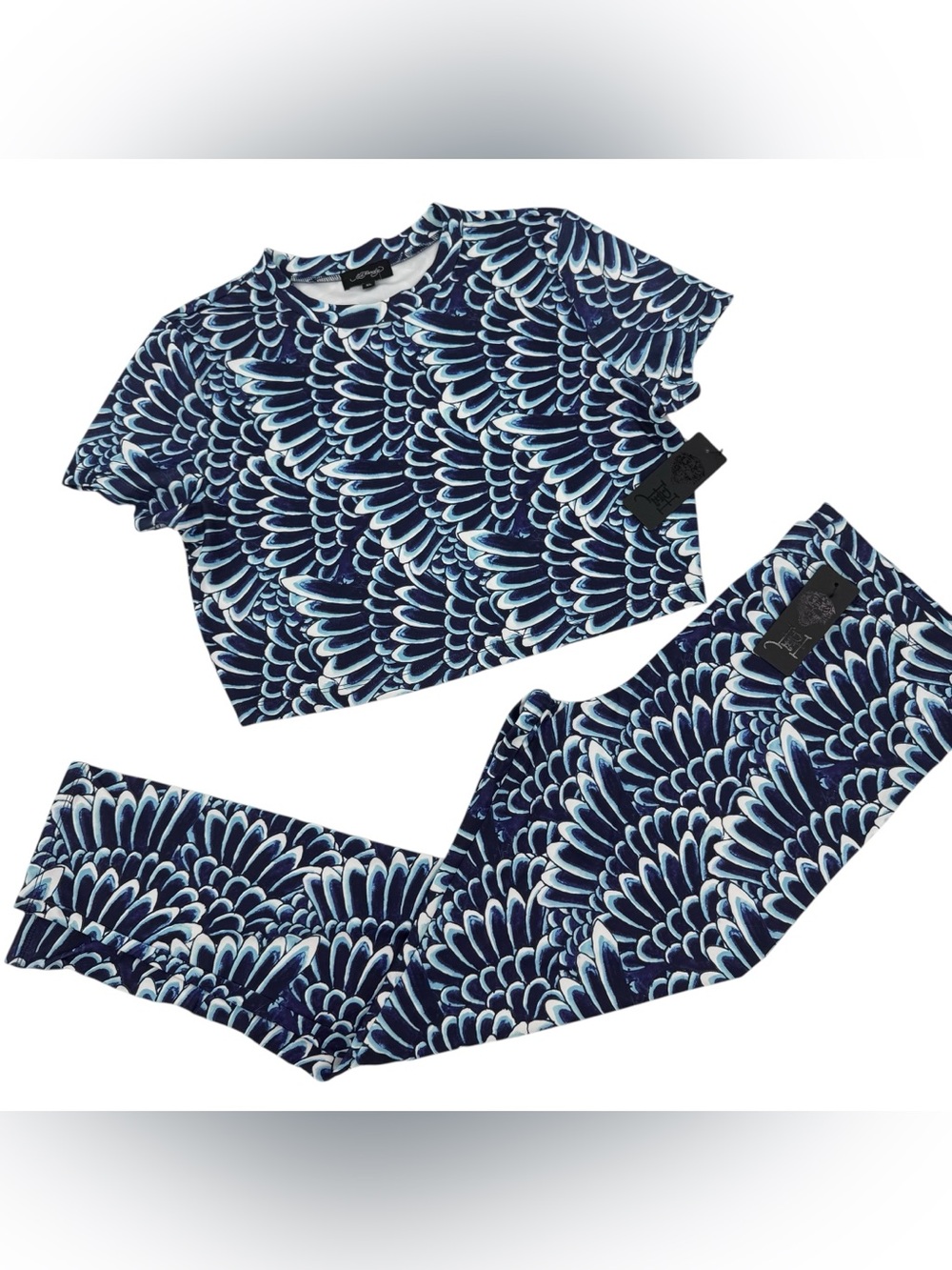 ED HARDY Womens Size XL Leggings Pants Top set feather Blue Print Stretch NWT